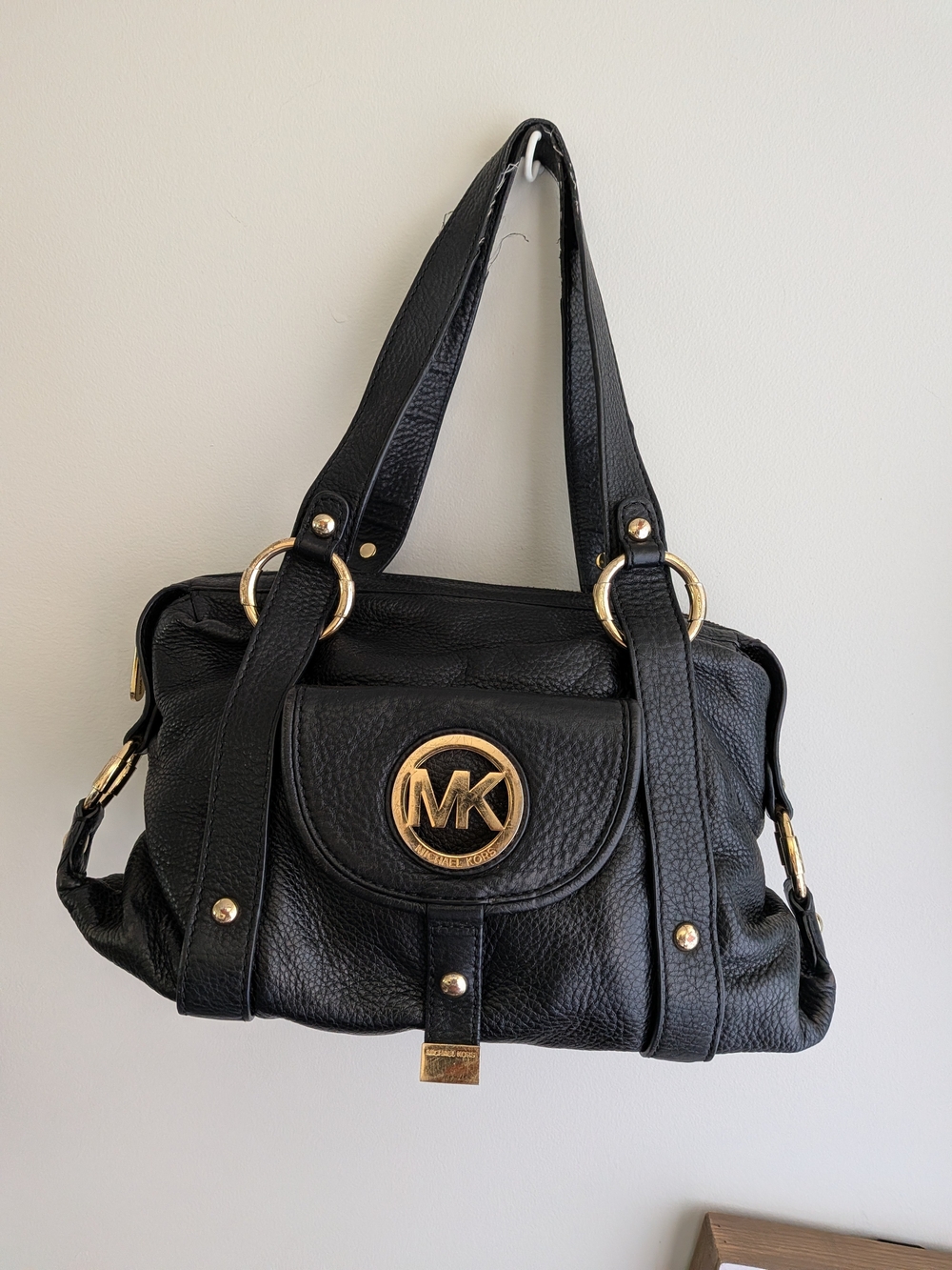Michael Kors Black Pebbled Leather Shoulder Bag with Gold Hardware